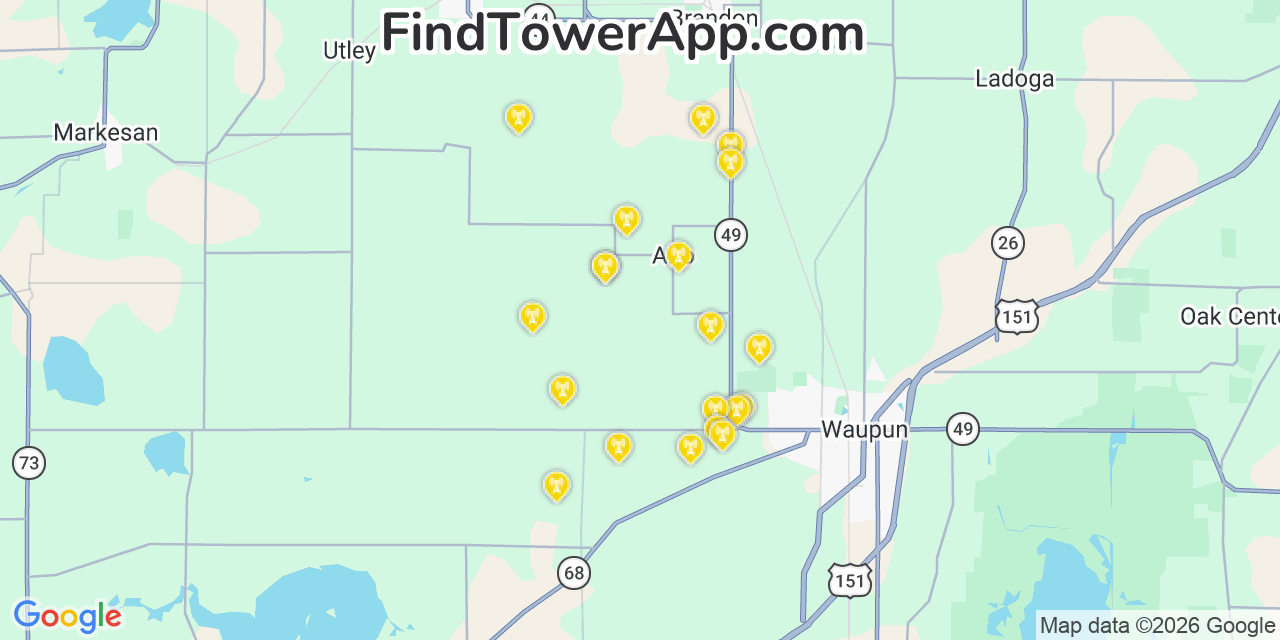 Map showing the 20 primary cell tower locations detected in Alto, Wisconsin from AT&T, Verizon, and T-Mobile networks