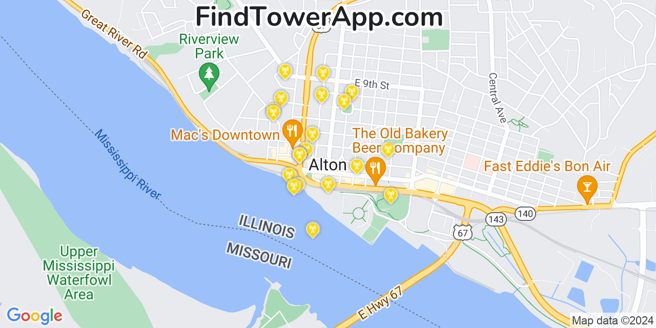 AT&T 4G/5G cell tower coverage map Alton, Illinois