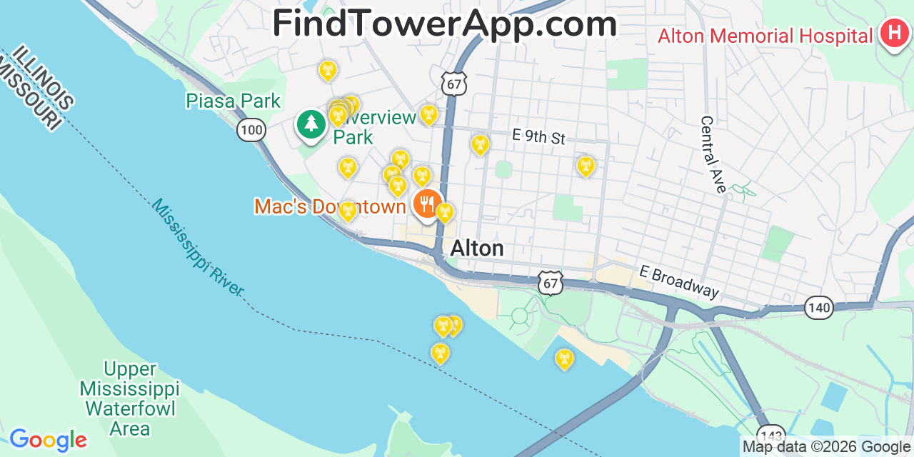 Map showing the 20 primary cell tower locations detected in Alton, Illinois from AT&T, Verizon, and T-Mobile networks