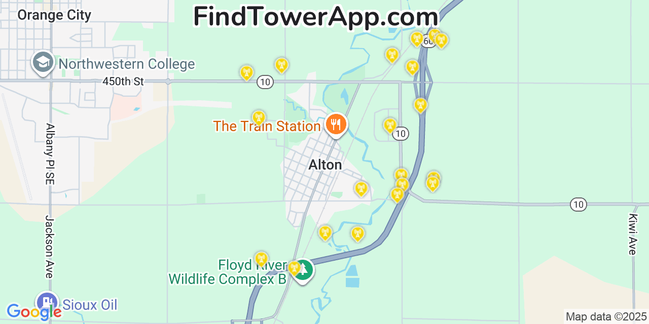 Map showing the 20 primary cell tower locations detected in Alton, Iowa from AT&T, Verizon, and T-Mobile networks