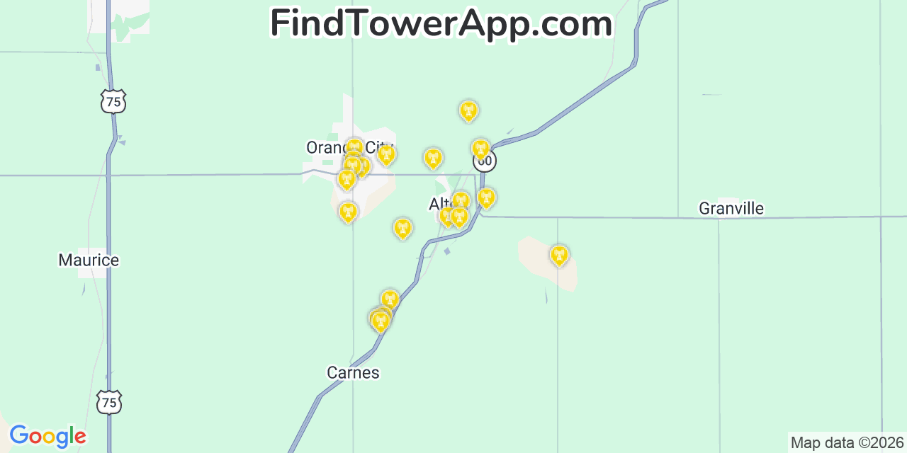 Map showing the 20 primary cell tower locations detected in Alton, Iowa from AT&T, Verizon, and T-Mobile networks