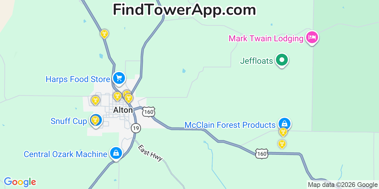 Map showing the 20 primary cell tower locations detected in Alton, Missouri from AT&T, Verizon, and T-Mobile networks