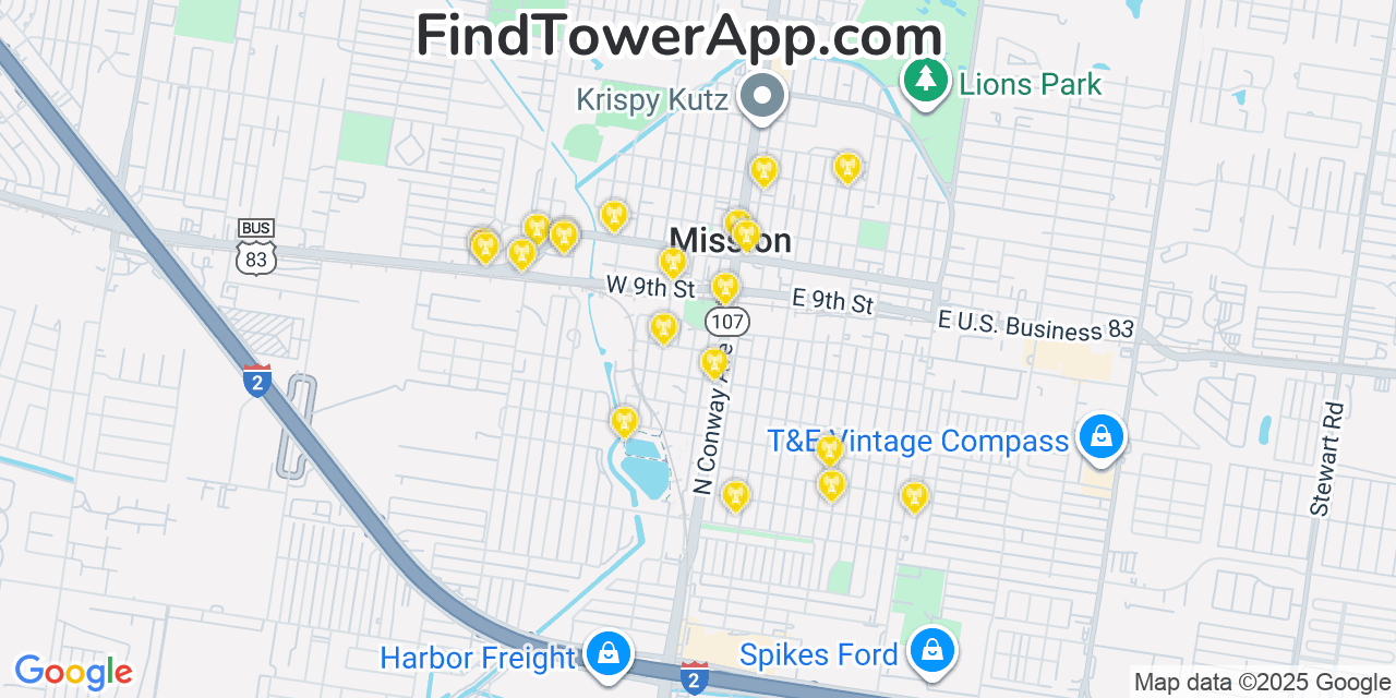 Map showing the 20 primary AT&T cell tower locations detected in Alton North (Historical), Texas with coverage radius and signal strength indicators