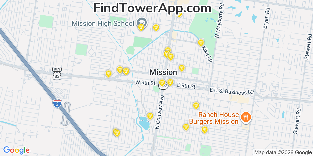 Map showing the 20 primary cell tower locations detected in Alton North (Historical), Texas from AT&T, Verizon, and T-Mobile networks