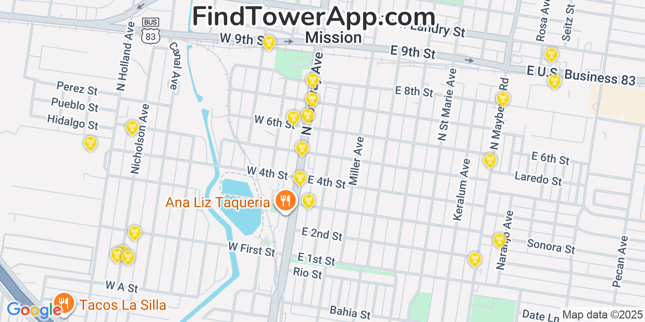 Map showing the 20 primary T-Mobile cell tower locations detected in Alton North (Historical), Texas with coverage radius and signal strength indicators