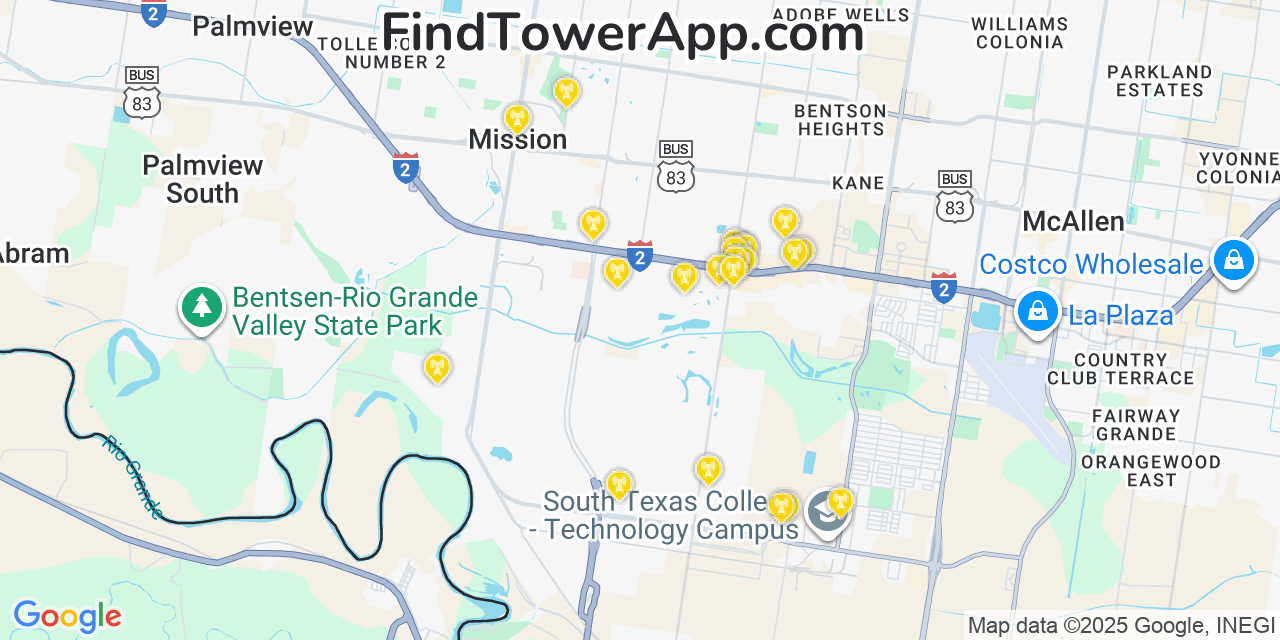 Map showing the 22 primary Verizon cell tower locations detected in Alton North (Historical), Texas with coverage radius and signal strength indicators