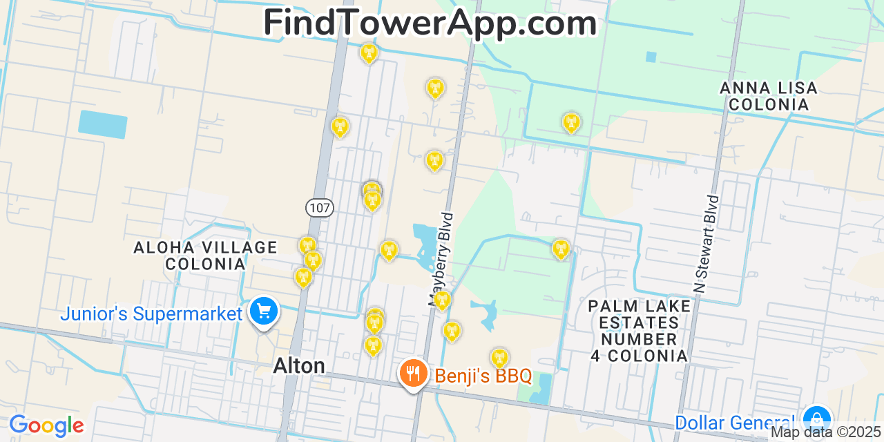 Map showing the 20 primary cell tower locations detected in Alton North (historical), Texas from AT&T, Verizon, and T-Mobile networks