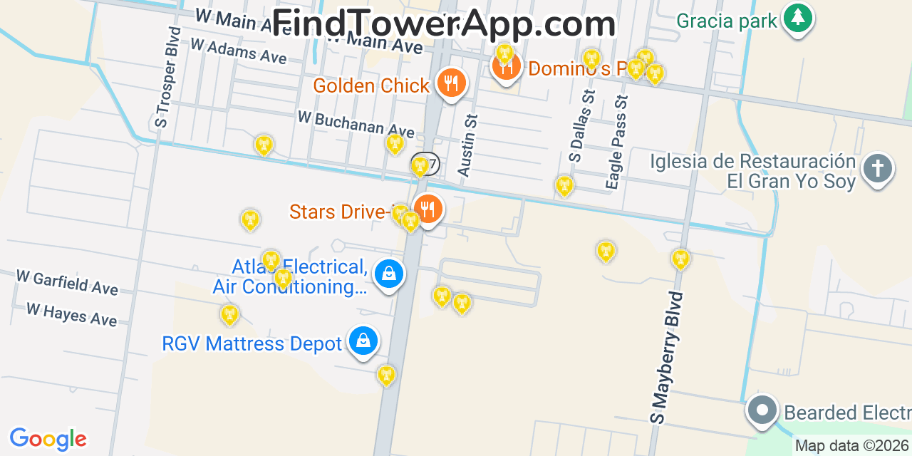 Map showing the 20 primary cell tower locations detected in Alton, Texas from AT&T, Verizon, and T-Mobile networks