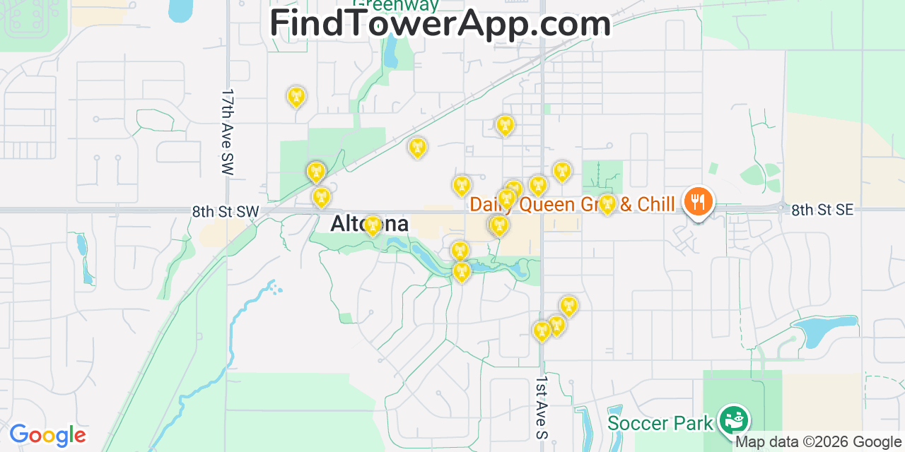 Map showing the 20 primary cell tower locations detected in Altoona, Iowa from AT&T, Verizon, and T-Mobile networks