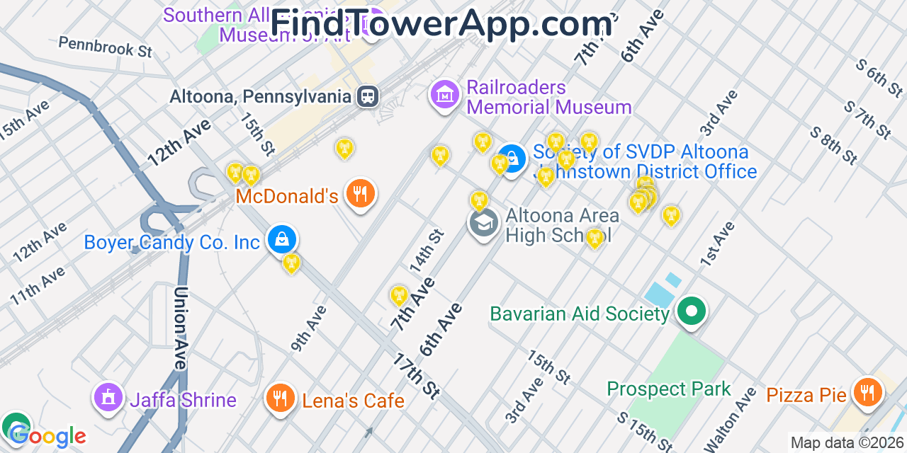 Map showing the 20 primary cell tower locations detected in Altoona, Pennsylvania from AT&T, Verizon, and T-Mobile networks