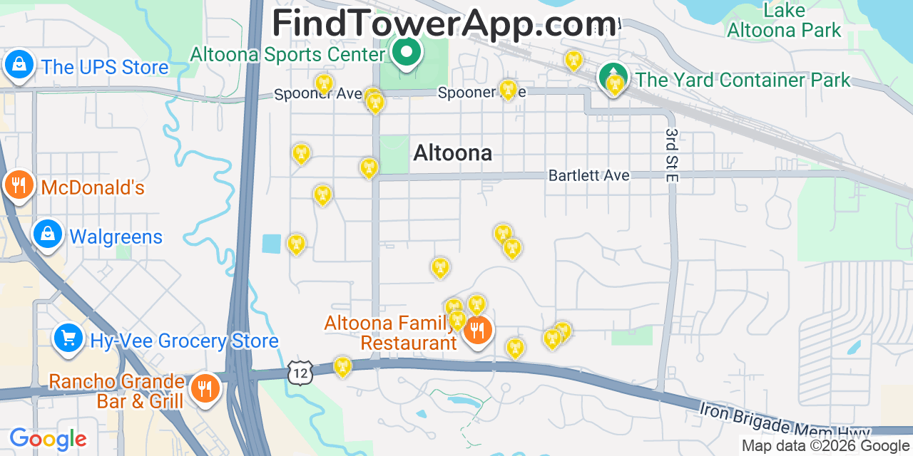 Map showing the 20 primary cell tower locations detected in Altoona, Wisconsin from AT&T, Verizon, and T-Mobile networks