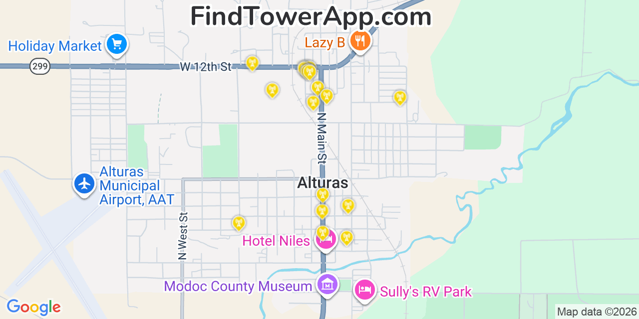 Map showing the 20 primary cell tower locations detected in Alturas, California from AT&T, Verizon, and T-Mobile networks