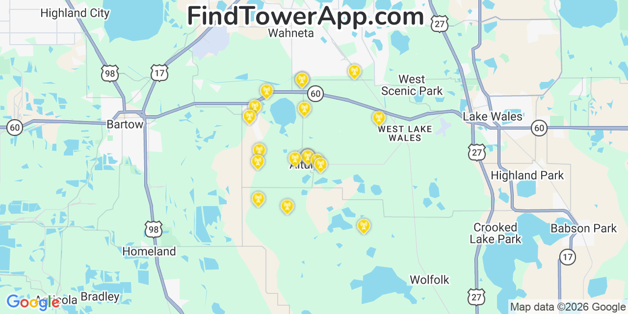 Map showing the 20 primary cell tower locations detected in Alturas, Florida from AT&T, Verizon, and T-Mobile networks
