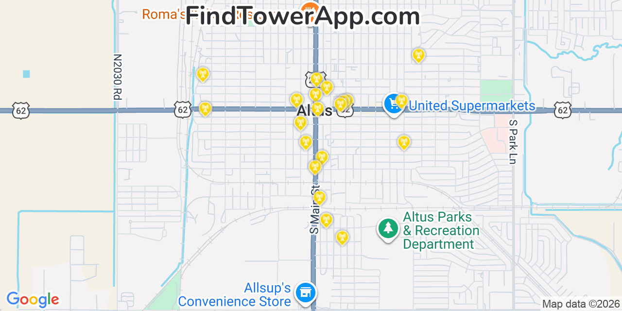 Map showing the 20 primary cell tower locations detected in Altus, Oklahoma from AT&T, Verizon, and T-Mobile networks