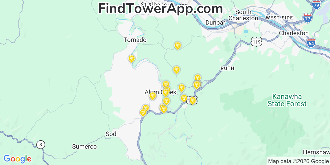 Map showing the 20 primary cell tower locations detected in Alum Creek, West Virginia from AT&T, Verizon, and T-Mobile networks