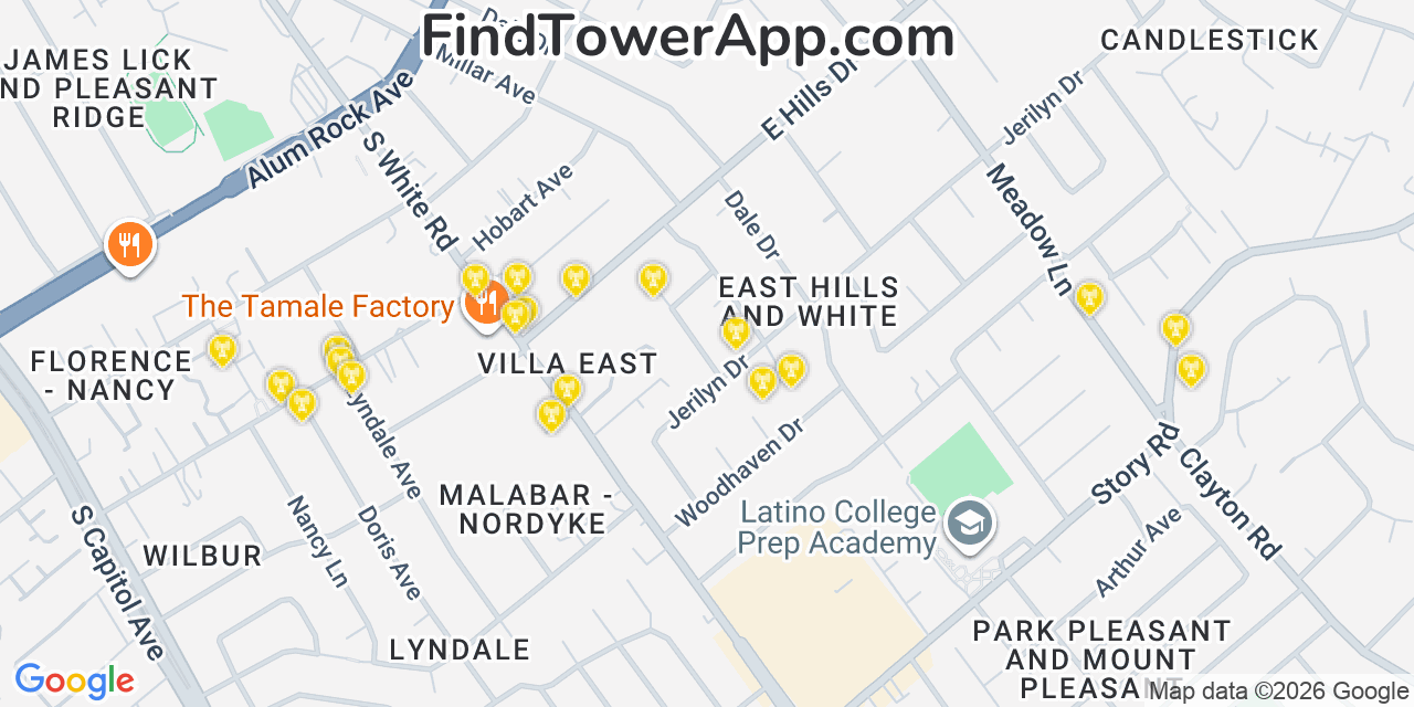 Map showing the 20 primary cell tower locations detected in Alum Rock, California from AT&T, Verizon, and T-Mobile networks