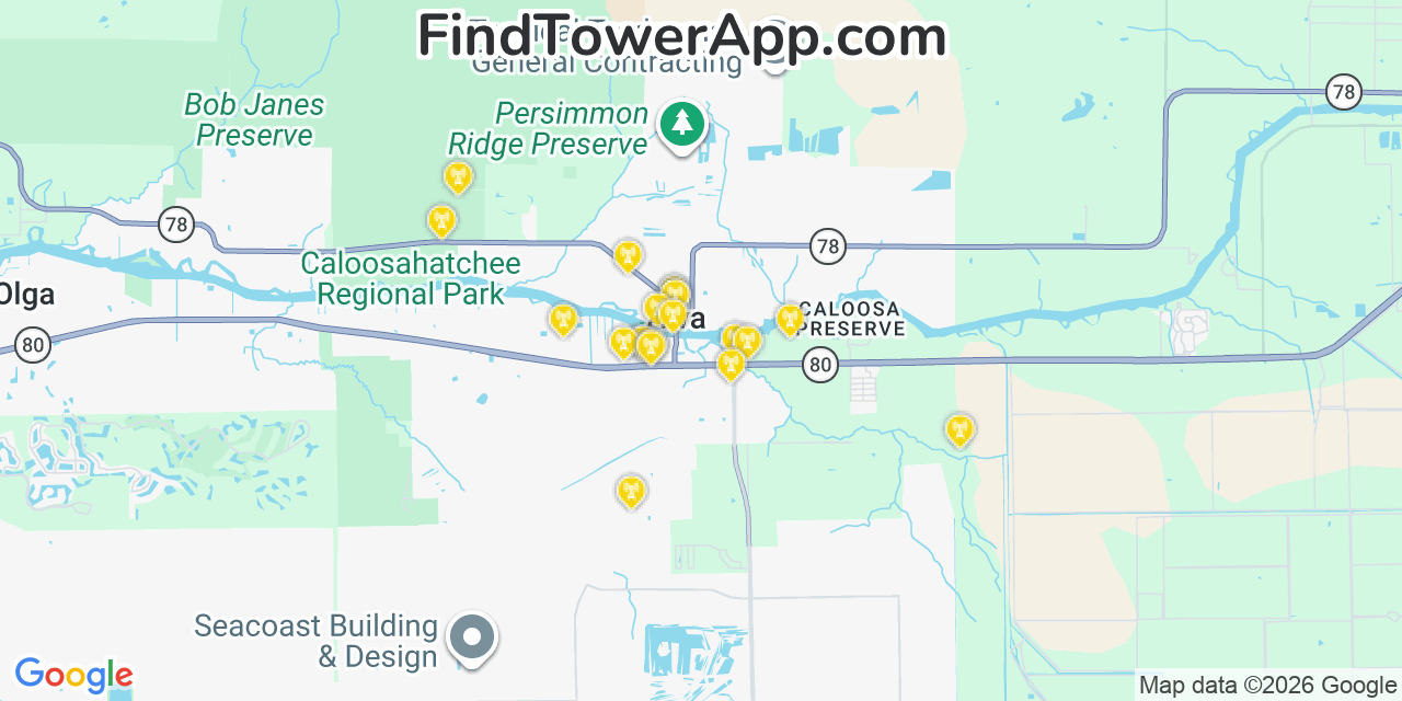 Map showing the 20 primary cell tower locations detected in Alva, Florida from AT&T, Verizon, and T-Mobile networks