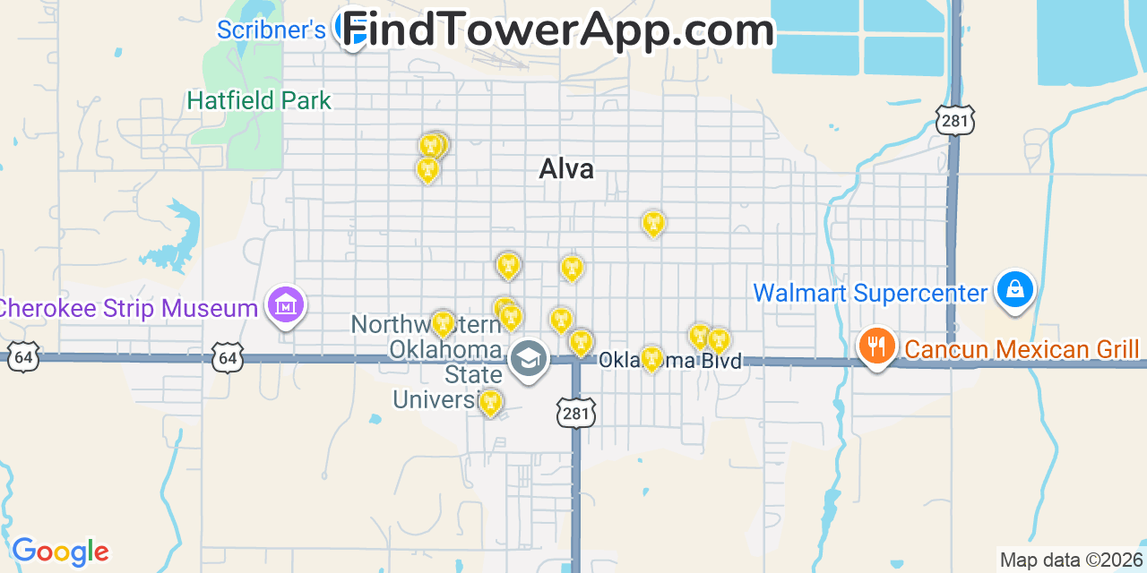 Map showing the 20 primary cell tower locations detected in Alva, Oklahoma from AT&T, Verizon, and T-Mobile networks