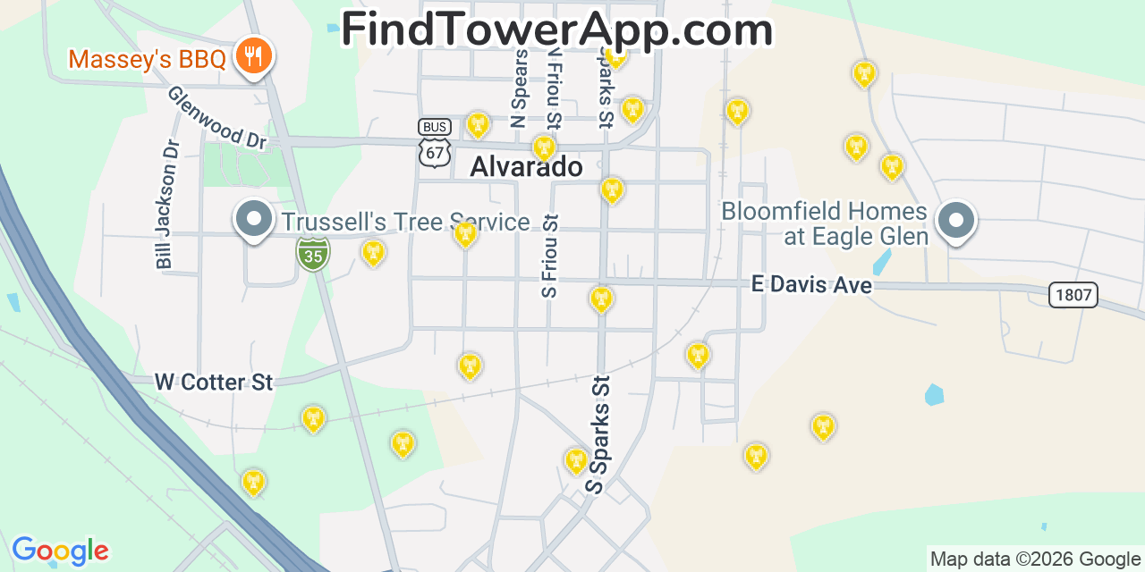 Map showing the 20 primary cell tower locations detected in Alvarado, Texas from AT&T, Verizon, and T-Mobile networks