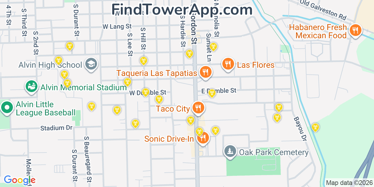 Map showing the 20 primary cell tower locations detected in Alvin, Texas from AT&T, Verizon, and T-Mobile networks