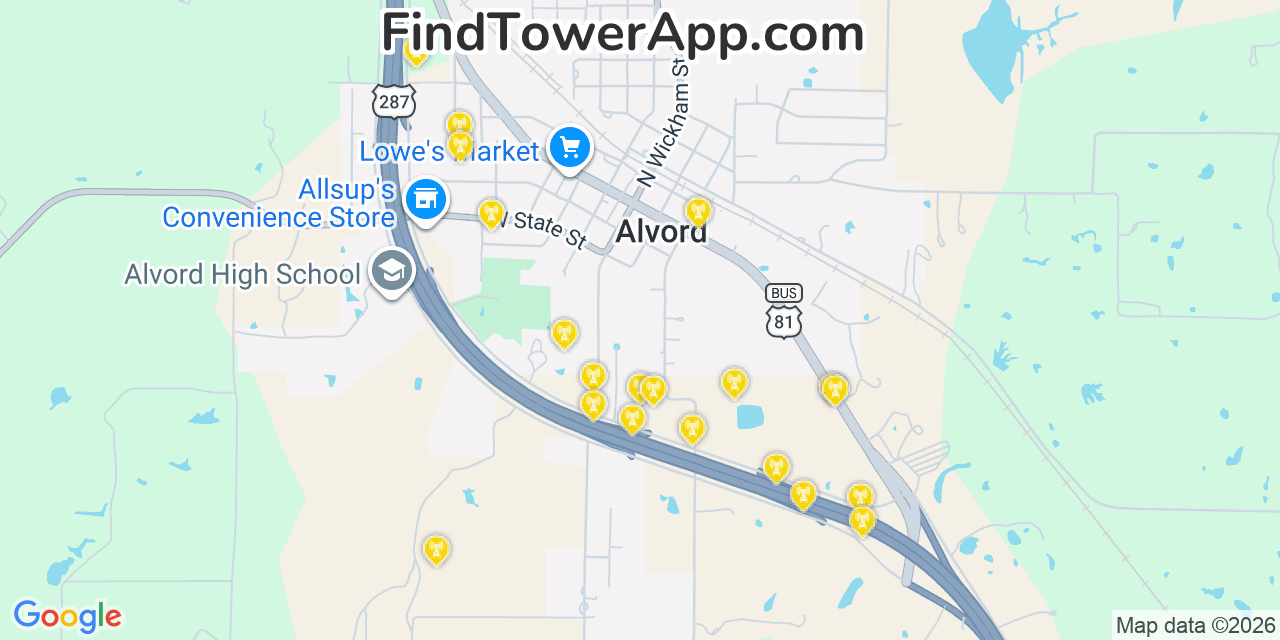 Map showing the 20 primary cell tower locations detected in Alvord, Texas from AT&T, Verizon, and T-Mobile networks