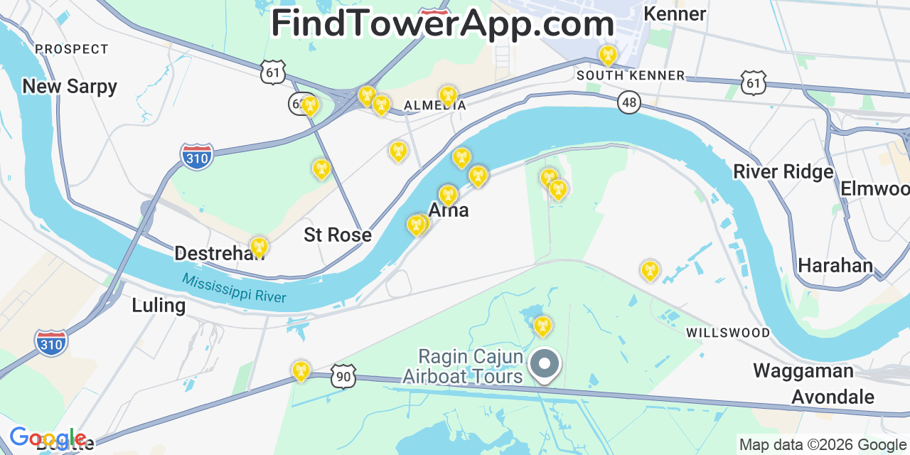 Map showing the 20 primary cell tower locations detected in Ama, Louisiana from AT&T, Verizon, and T-Mobile networks
