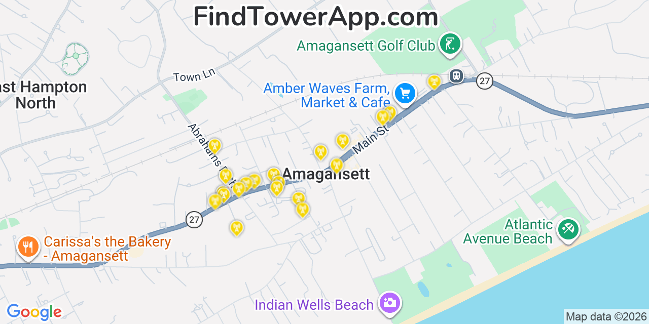 Map showing the 20 primary cell tower locations detected in Amagansett, New York from AT&T, Verizon, and T-Mobile networks
