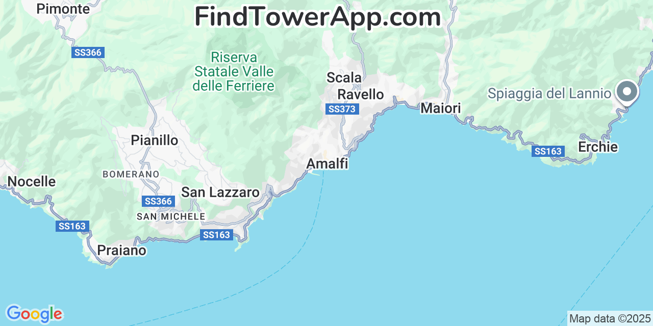 Map showing the 0 primary Iliad cell tower locations detected in Amalfi, Italy with coverage radius and signal strength indicators