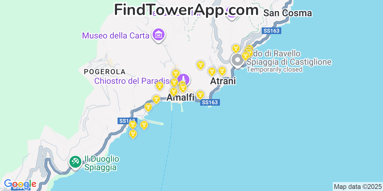 Map showing the 20 primary cell tower locations detected in Amalfi, Italy with coverage areas and signal strength
