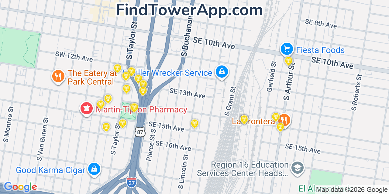 Map showing the 20 primary cell tower locations detected in Amarillo, Texas from AT&T, Verizon, and T-Mobile networks