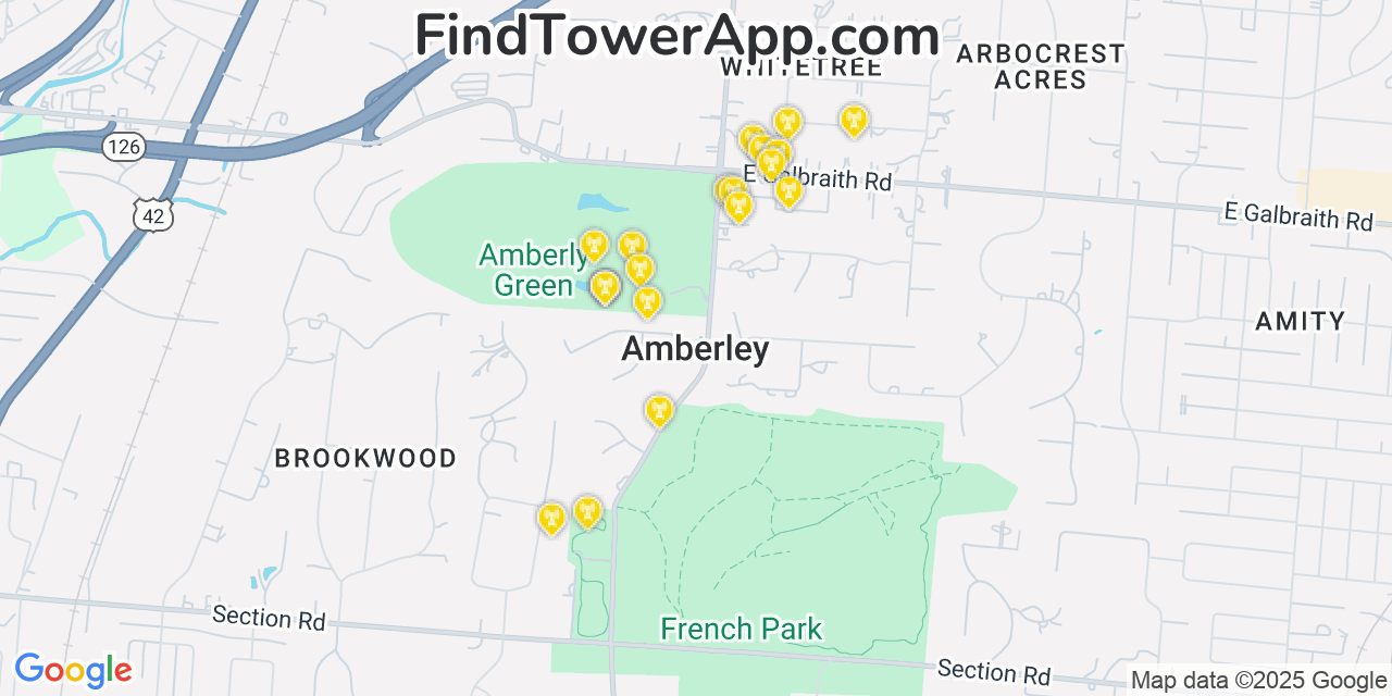 Map showing the 20 primary cell tower locations detected in Amberley, Ohio from AT&T, Verizon, and T-Mobile networks