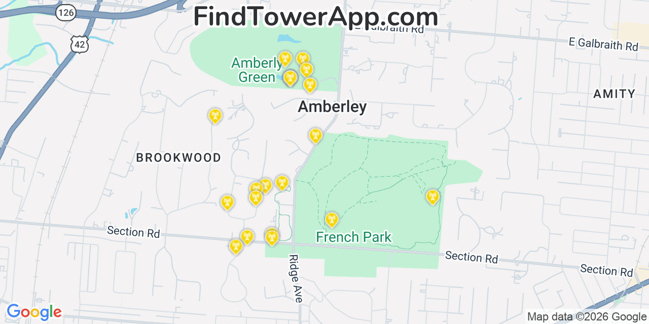 Map showing the 20 primary cell tower locations detected in Amberley, Ohio from AT&T, Verizon, and T-Mobile networks
