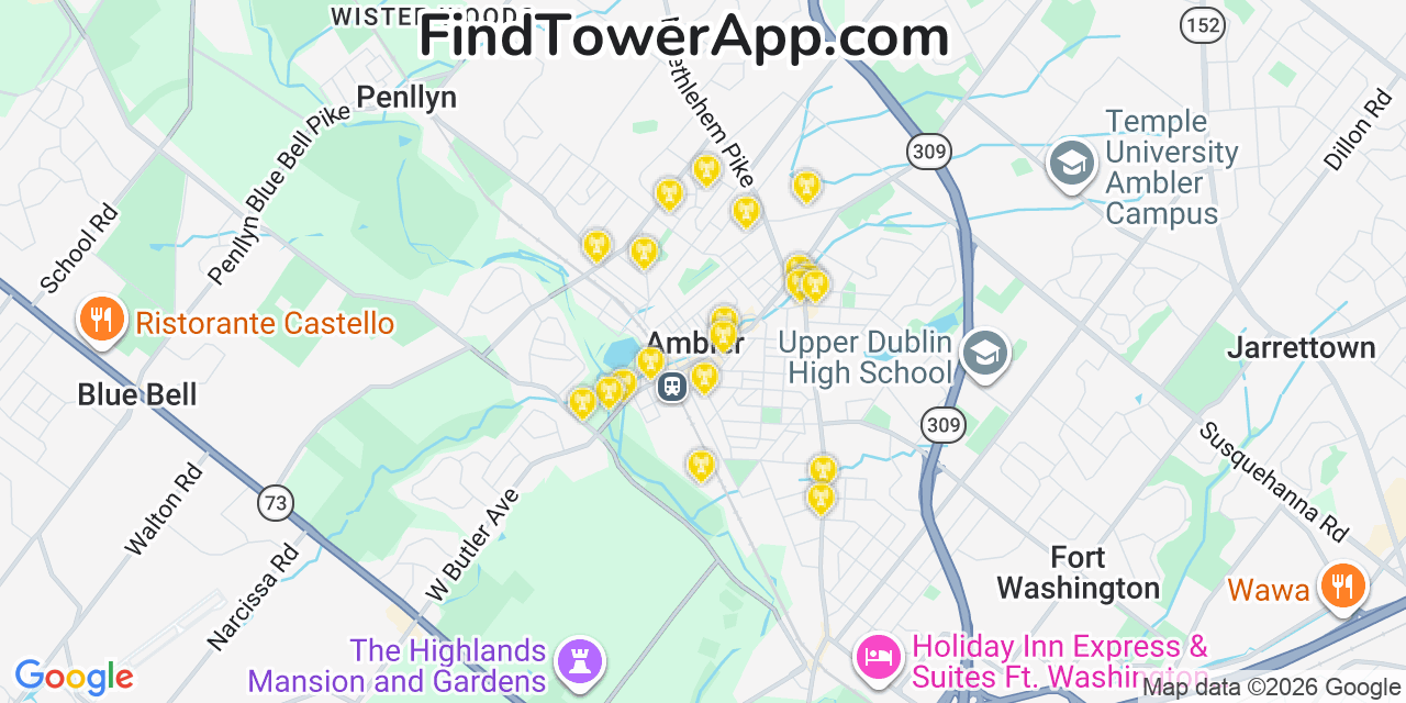 Map showing the 20 primary cell tower locations detected in Ambler, Pennsylvania from AT&T, Verizon, and T-Mobile networks