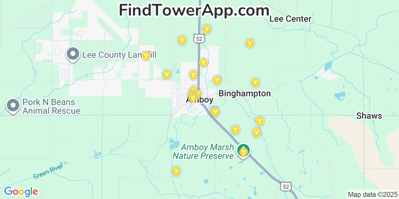 Map showing the 20 primary cell tower locations detected in Amboy, Illinois from AT&T, Verizon, and T-Mobile networks