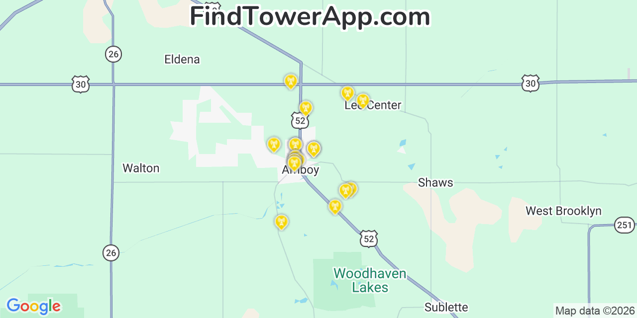 Map showing the 20 primary cell tower locations detected in Amboy, Illinois from AT&T, Verizon, and T-Mobile networks