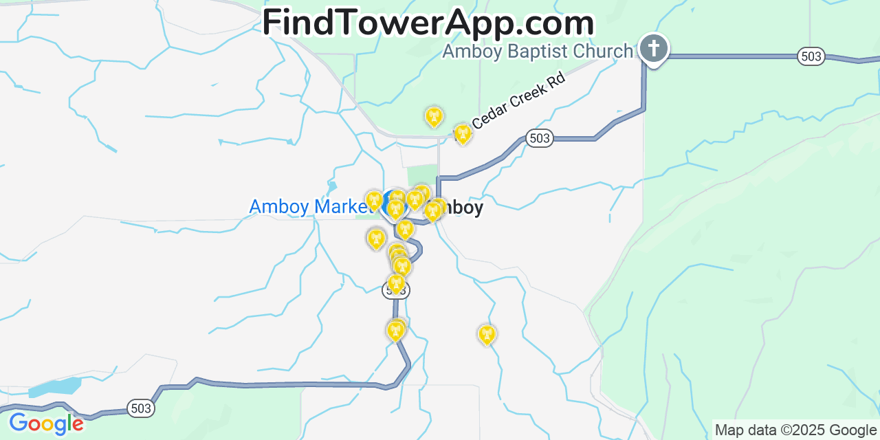 Map showing the 20 primary cell tower locations detected in Amboy, Washington from AT&T, Verizon, and T-Mobile networks