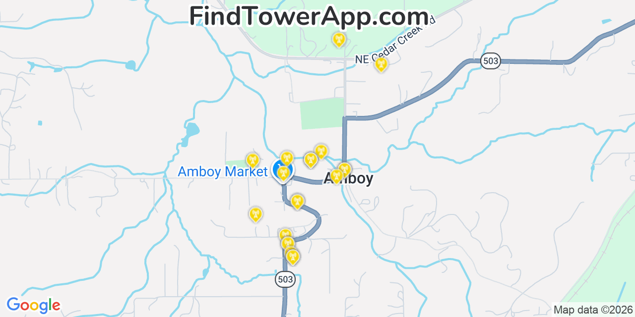 Map showing the 20 primary cell tower locations detected in Amboy, Washington from AT&T, Verizon, and T-Mobile networks