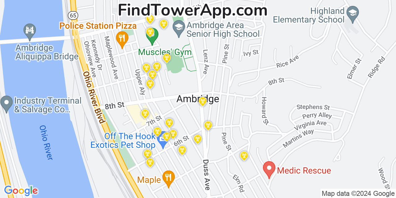 AT&T 4G/5G cell tower coverage map Ambridge, Pennsylvania