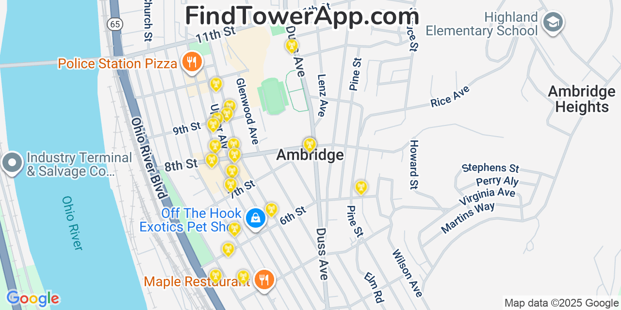 Map showing the 20 primary cell tower locations detected in Ambridge, Pennsylvania from AT&T, Verizon, and T-Mobile networks