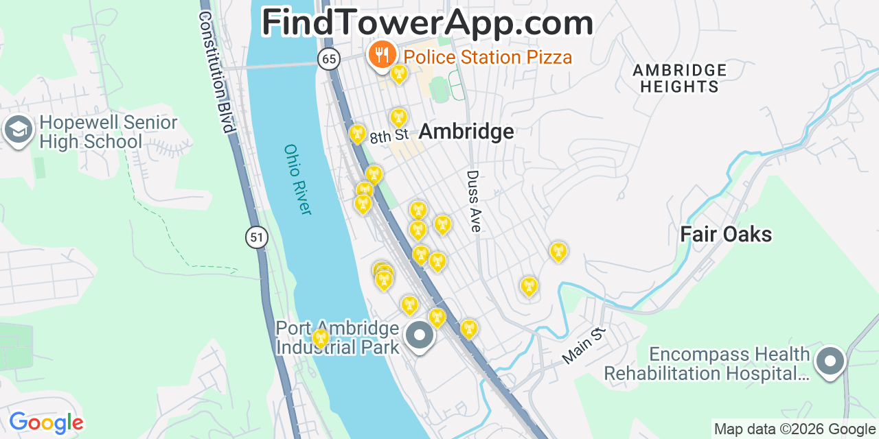 Map showing the 20 primary cell tower locations detected in Ambridge, Pennsylvania from AT&T, Verizon, and T-Mobile networks