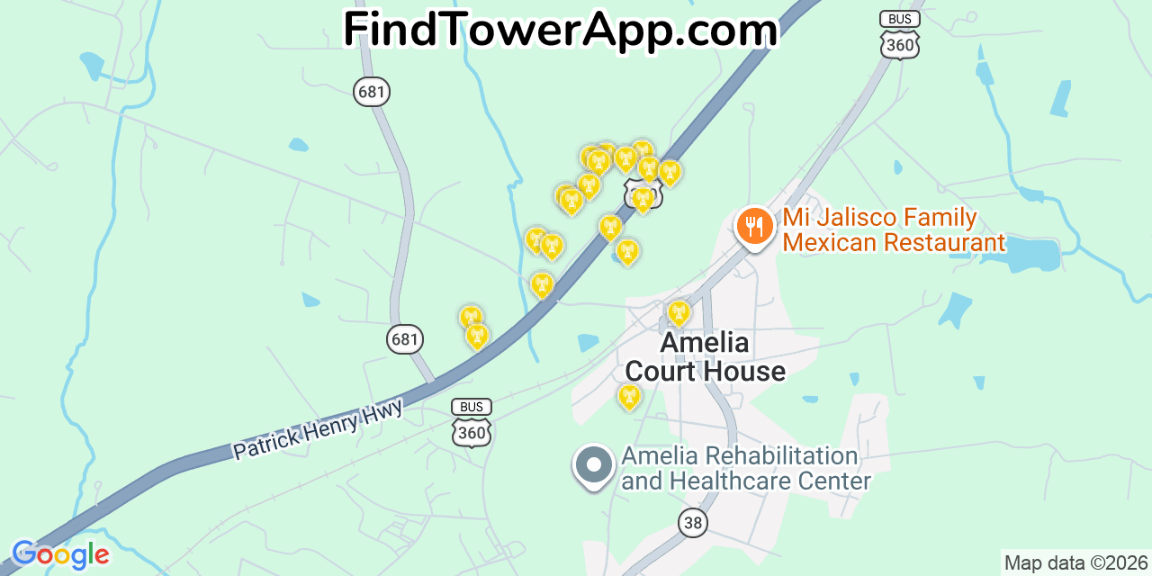 Map showing the 20 primary cell tower locations detected in Amelia Court House, Virginia from AT&T, Verizon, and T-Mobile networks