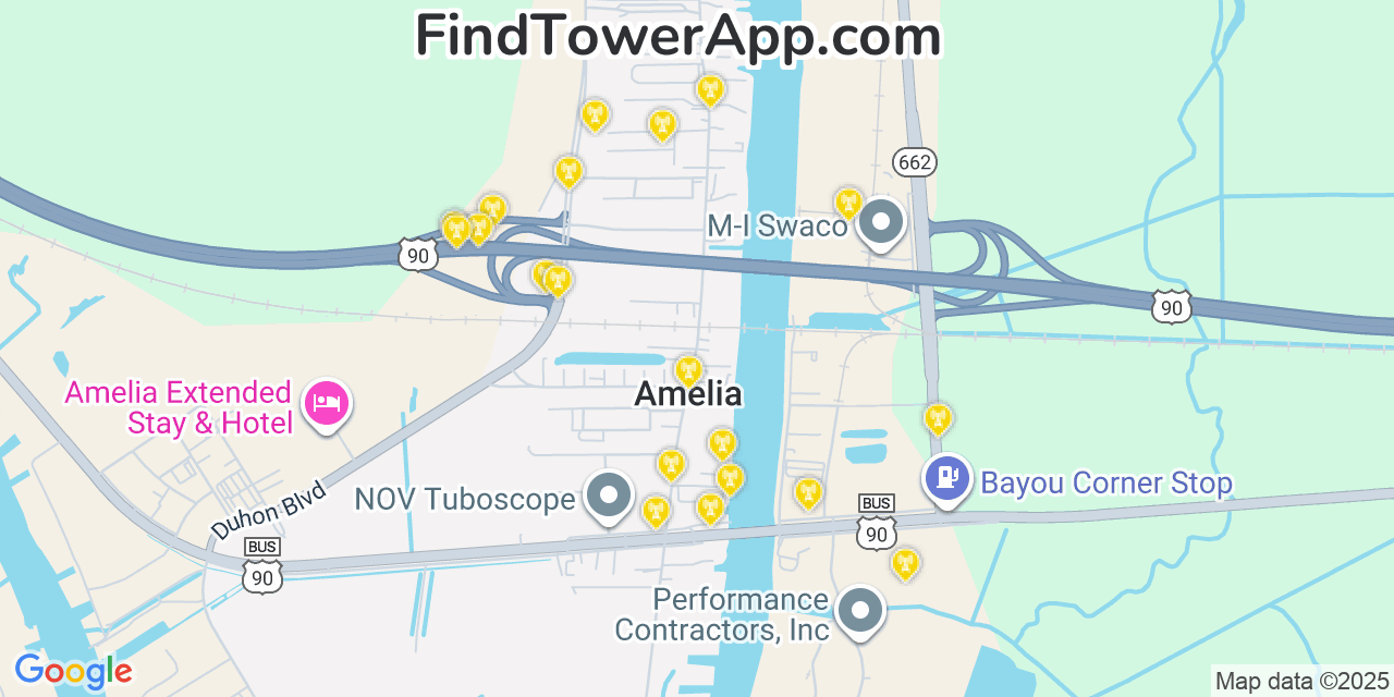 Map showing the 20 primary cell tower locations detected in Amelia, Louisiana from AT&T, Verizon, and T-Mobile networks