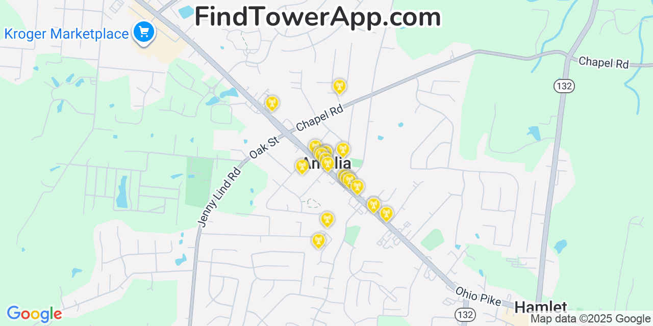 Map showing the 20 primary cell tower locations detected in Amelia, Ohio from AT&T, Verizon, and T-Mobile networks