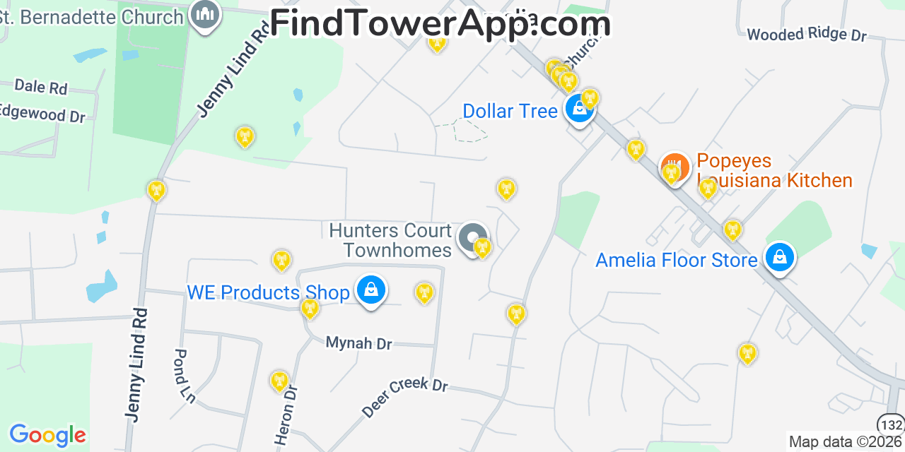 Map showing the 20 primary cell tower locations detected in Amelia, Ohio from AT&T, Verizon, and T-Mobile networks