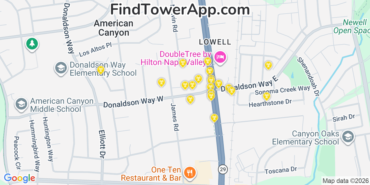 Map showing the 20 primary cell tower locations detected in American Canyon, California from AT&T, Verizon, and T-Mobile networks