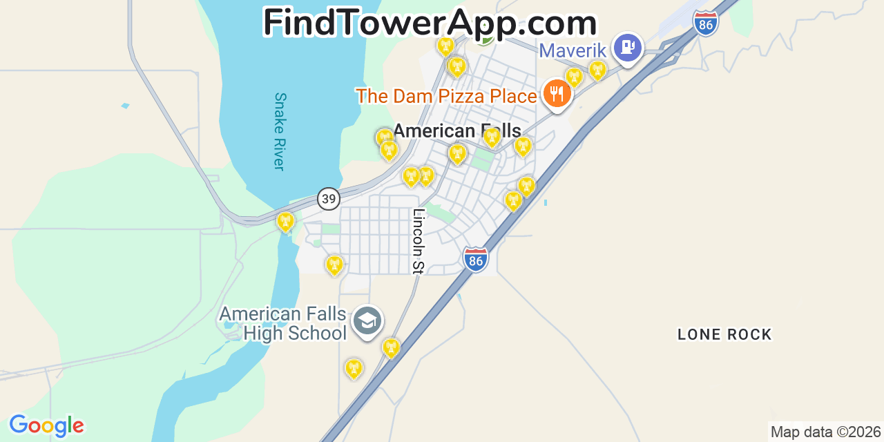 Map showing the 20 primary cell tower locations detected in American Falls, Idaho from AT&T, Verizon, and T-Mobile networks