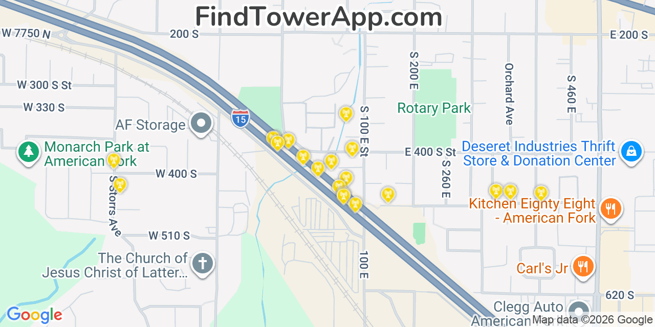 Map showing the 20 primary cell tower locations detected in American Fork, Utah from AT&T, Verizon, and T-Mobile networks
