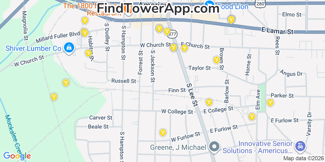 Map showing the 20 primary cell tower locations detected in Americus, Georgia from AT&T, Verizon, and T-Mobile networks