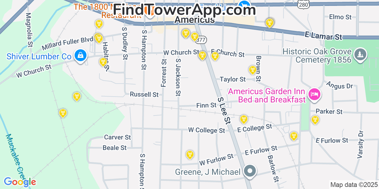 Map showing the 20 primary Mobitel cell tower locations detected in Americus, Georgia with coverage radius and signal strength indicators