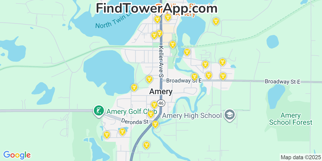 Map showing the 20 primary cell tower locations detected in Amery, Wisconsin from AT&T, Verizon, and T-Mobile networks